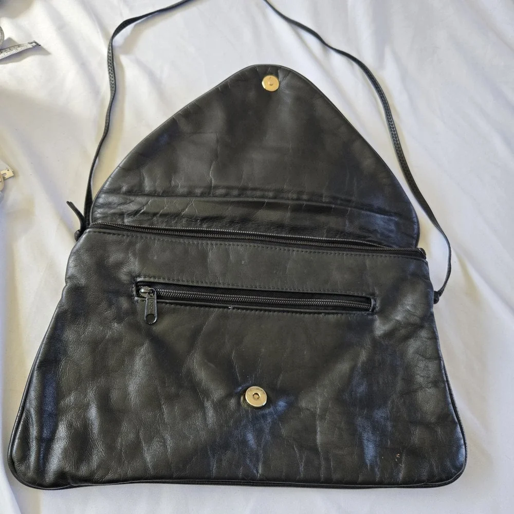 Vintage 60s Black Leather Flap Clutch Purse Large Envelope Mixed Metallic Detail